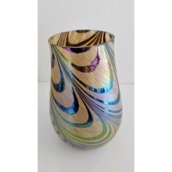 Teleflora Swirl Iridescent Blue Green Purple Gold Vase Modern Art Glass 7" - Picture 5 of 9
